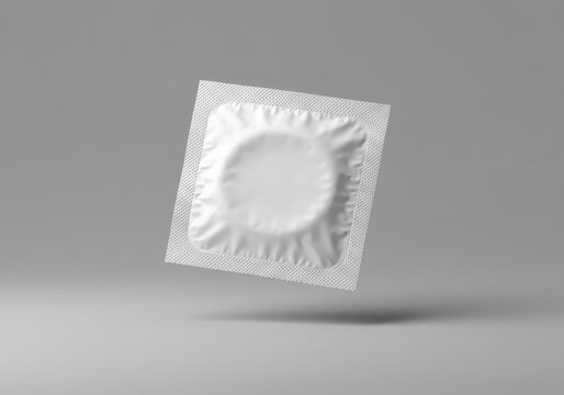 Floating white condom foil wrapper with subtle folds casting soft shadow on neutral gray background