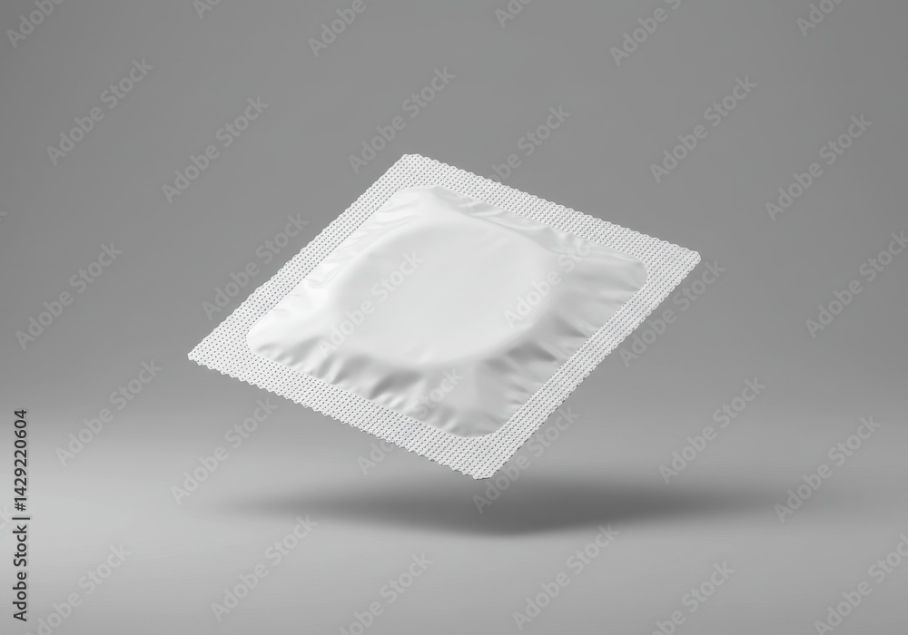 Poster floating white condom foil wrapper with subtle folds casting soft shadow on neutral gray background