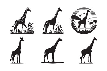 Set of silhouette icon of a giraffe isolated on a white background