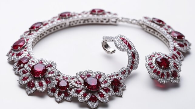 Classic ruby jewelry set with round diamonds and radiant rubies on earrings, necklace, and matching ring, isolate on white background