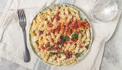 fusilli pasta with cheese and bacon, homemade, no people,