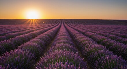 Naklejka premium Lavender Field Sunset Serenity - Stunning sunset over a vast lavender field, rows of purple flowers bathed in golden light. Peaceful and serene nature scene
