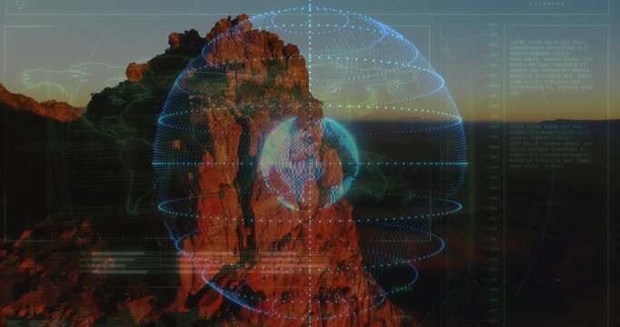 Sandstone formation displaying holographic data interface over canyon, featuring rotating 3D globe