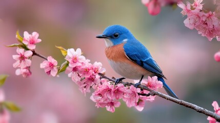 A blue and white bird is perched on a pink branch