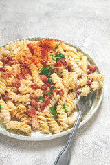 fusilli pasta with cheese and bacon, homemade, no people,