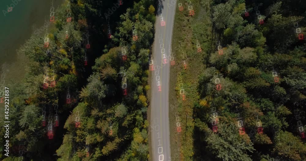 Aufkleber 3d render showing aerial forest road overlay projecting binary digits and red detection boxes
