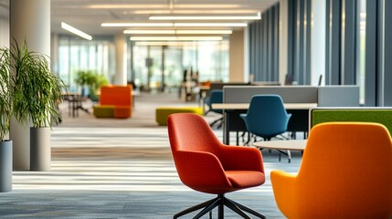 Bright and modern office space featuring colorful chairs and plants, creating an inviting atmosphere for collaboration and productivity in a professional environment.