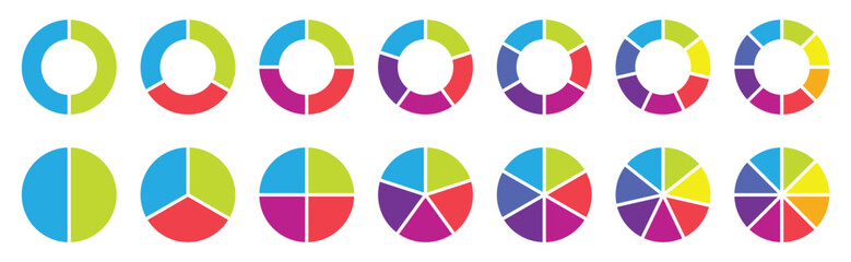 Pie chart set. Colorful diagram collection with 2,3,4,5,6,7,8 sections and steps. Circle icons for infographic. Pie chart for data analysis, business presentation, UI, web design. Vector illustration