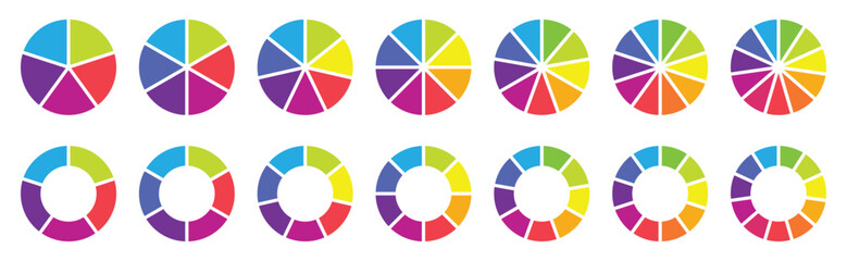 Circle pie chart diagram. Circle diagram collection with 3,4,5,6,7,8,9,10 sections or parts. Segmented circle icons for infographic, data analysis, web design, ui or presentation. Vector , Eps 10
