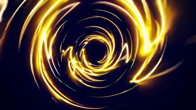 The phrase 'Yellow Dark Glowing Enchanting Magic Time Spiral Animation' is a descriptive sequence of words