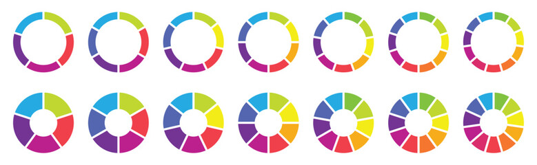 Pie chart set. Colorful diagram collection with 2,3,4,5,6,7,8 sections and steps. Circle icons for infographic. Pie chart for data analysis, business presentation, UI, web design. Vector illustration