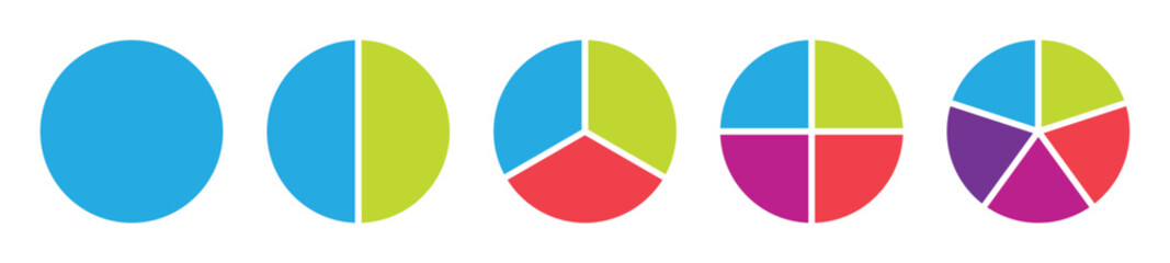 Pie chart color icons. Segment slice sign. 1, 2, 3 ,4, 5 sections or steps, segment infographic. Circle section graph. Ring percentage diagram collection. Colorful diagram set. Vector illustration set