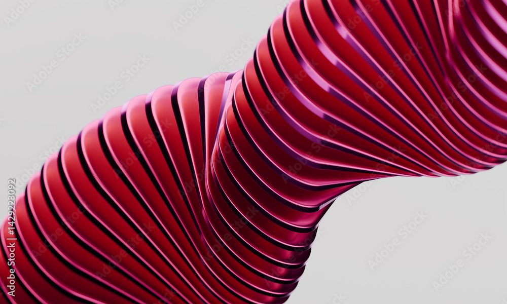 Poster dynamic 3d illustration of a swirling pink and violet helix with layered structure, futuristic desig