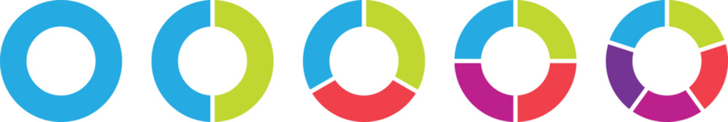 Circle division infographic icon set. Circle pie charts diagram. Pie chart divided 1,2,3,4,5 equal parts. Infographic wheel segment and fraction. Color ring or donut round diagram. Vector illustration