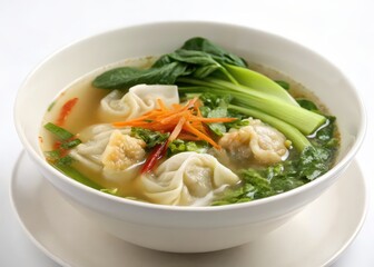 bowl of soup containing noodles, vegetables such as broccoli and carrots, topped with green onions.