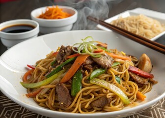 plate of beef and vegetable stir fry noodles with carrots, peppers, and onions, served on white plate.