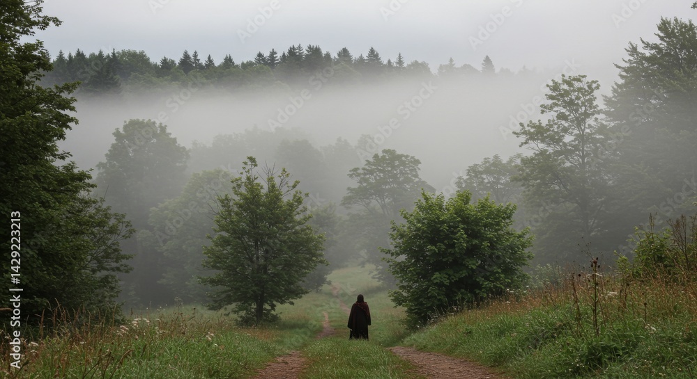 Poster monk walking in misty forest - a lone figure in a dark robe walks a path through a misty forest, cre