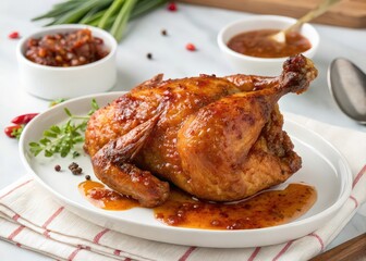 whole roasted chicken on plate, glazed with brown sauce, accompanied by small bowls of condiments.