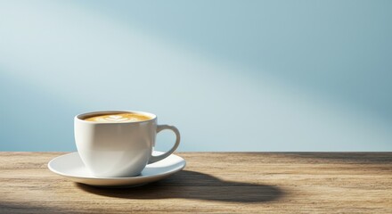 Obraz premium Morning Coffee Relaxation on Wooden Table - A cup of latte art coffee on a wooden table, symbolizing calmness, warmth, morning routine, comfort, and a relaxing start to the day