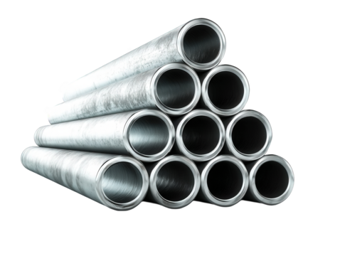 Stack of silver metal pipes isolated over png transparent background	