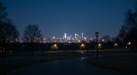 Fototapeta premium Night Cityscape Park View - A tranquil park path at night, offering a stunning view of a distant city skyline illuminated under a dark blue sky