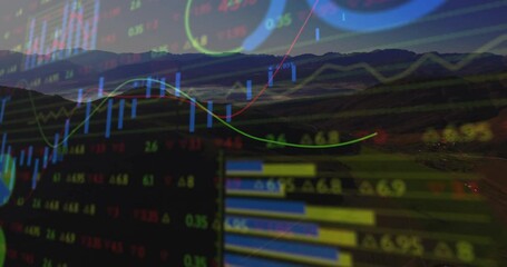 Overlaying animated financial charts over mountain valley, showing candlestick bars and trend lines - Powered by Adobe