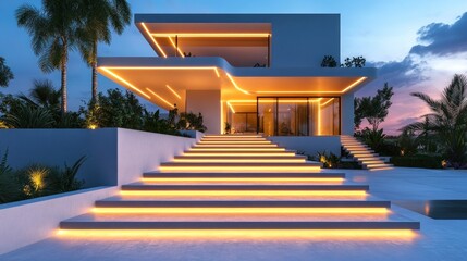 Fototapeta premium Modern home exterior, illuminated stairs at dusk