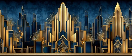 Art Deco cityscape at night with fireworks