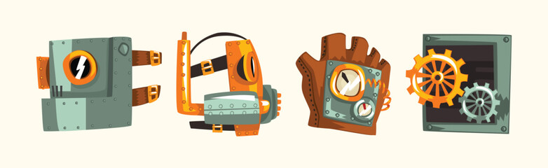 Steampunk Objects and Mechanism with Antique Mechanical Device Vector Set