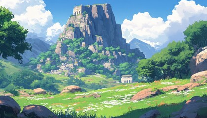 Mountaintop village nestled in a lush valley