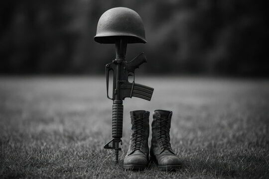Monument militaire traditionnel compos&eacute; d&rsquo;un casque, d&rsquo;un fusil et de bottes, hommage silencieux aux soldats tomb&eacute;s au combat