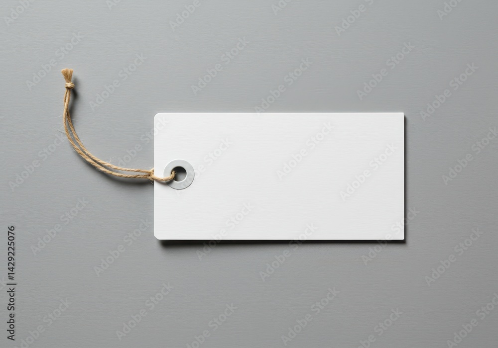 Poster white rectangular price tag with clipped corners and brown string lying flat on gray background