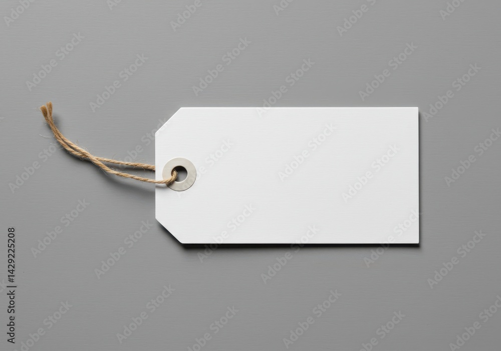 Poster white rectangular price tag with clipped corners and brown string lying flat on gray background
