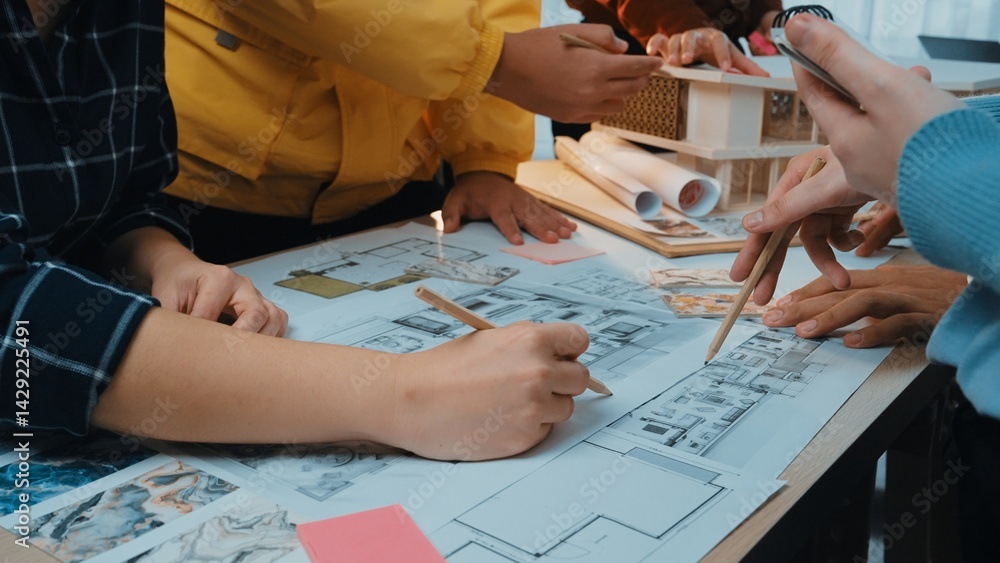 Poster a dynamic workshop scene highlighting collaboration in architecture as diverse individuals engage in