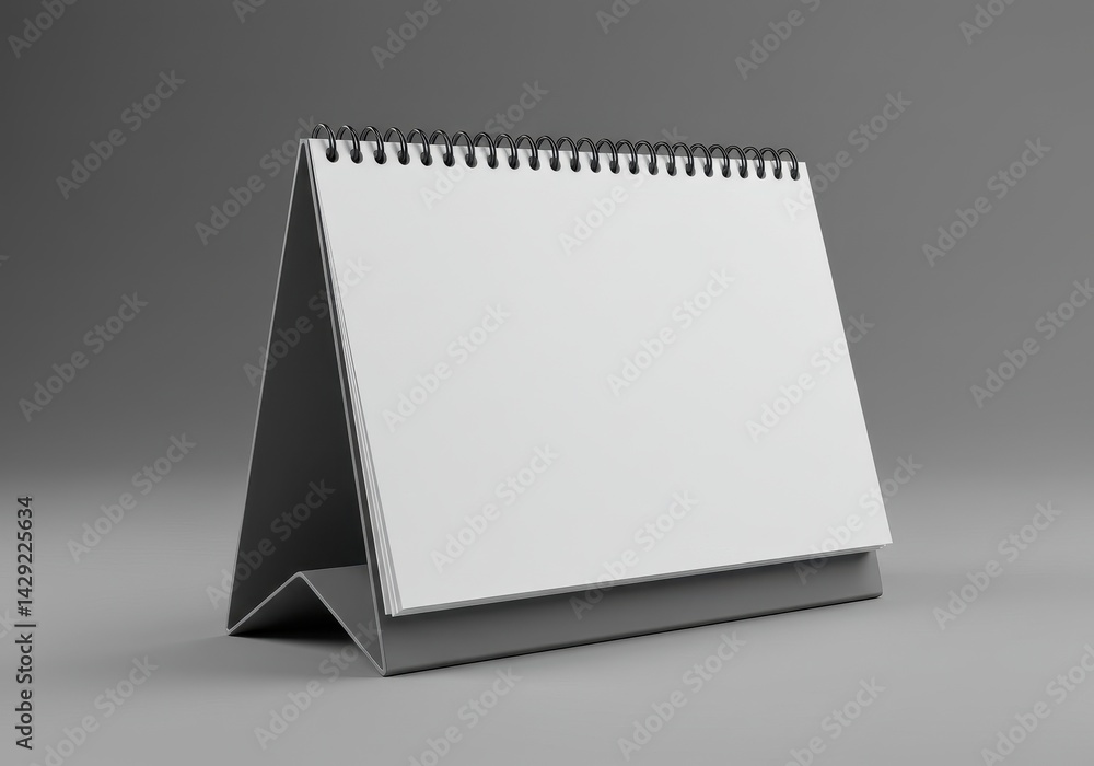 Aufkleber spiral-bound desk calendar mockup with blank white pages angled on gray surface with soft shadow