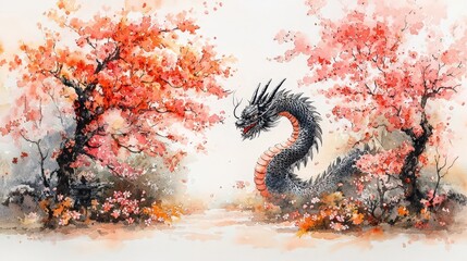 Majestic Dragon in a Serene Watercolor Landscape Surrounded by Autumn Blossoms