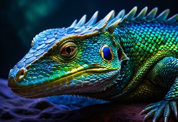 A close up of a green lizard on a rock.