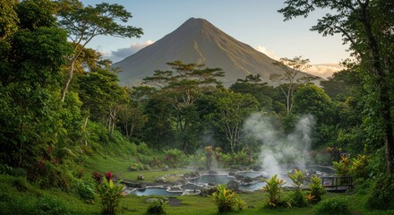 Tropical Rainforest Hot Springs with Volcano View at Sunrise