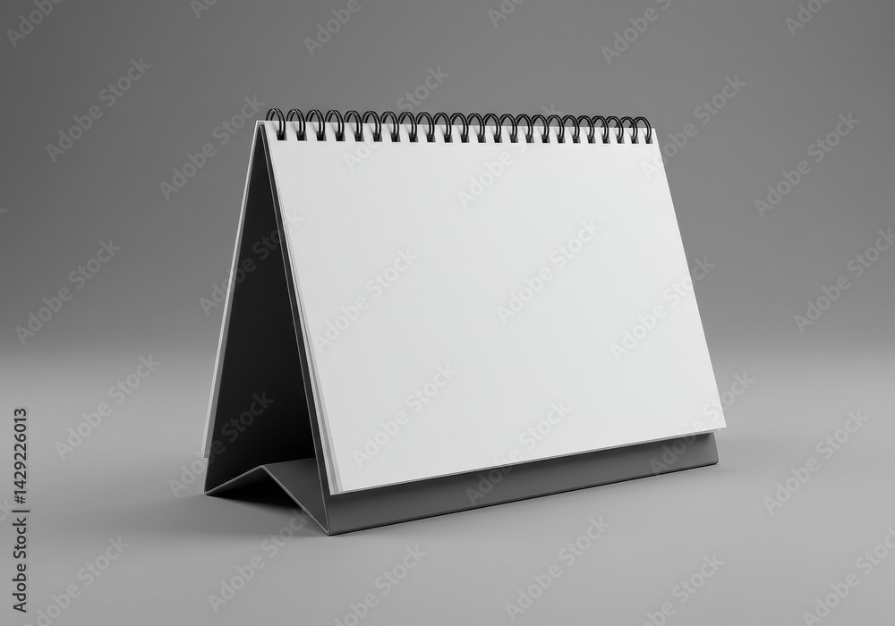 Poster spiral-bound desk calendar mockup with blank white pages angled on gray surface with soft shadow