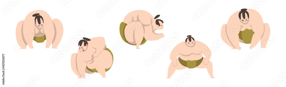 Poster man sumo wrestler character in action pose vector set