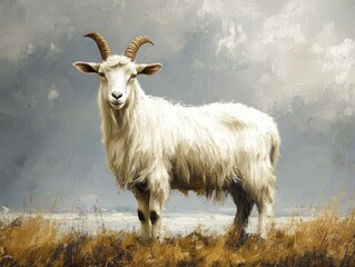 Obraz premium Striking Portrait of a Majestic White Goat with Curving Horns in a Pastoral Setting, Captured with Textured Brushstrokes and a Serene, Neutral Palette.