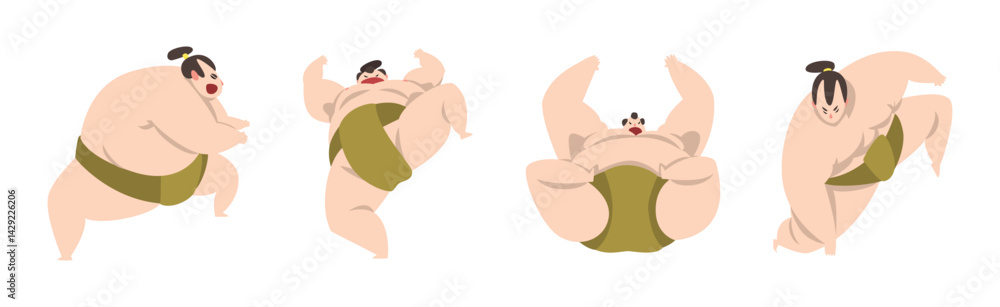 Poster man sumo wrestler character in action pose vector set