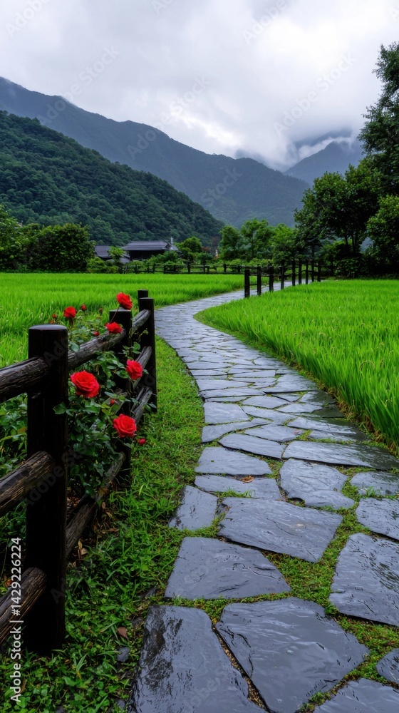 Aufkleber a path with a stone walkway and a fence with red roses on it
