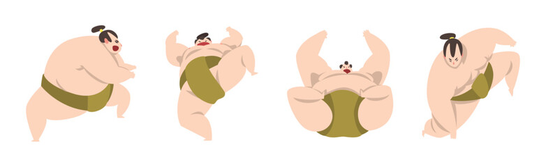 Man Sumo Wrestler Character in Action Pose Vector Set