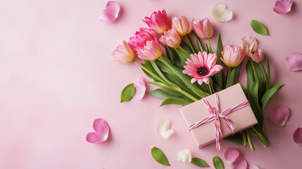 “Pink Tulip Bouquet with Gift Box on Blue Background – Romantic Spring Flat Lay”
