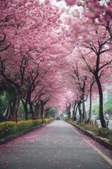 Pink Blossom Tree Lined Path with Fallen Petals in Spring