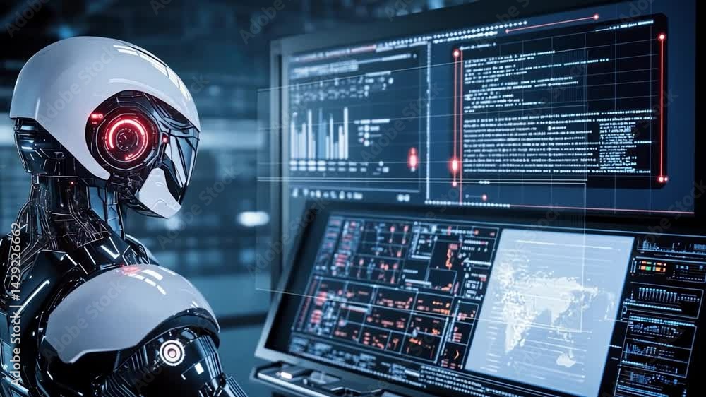 Poster futuristic robot analyzing data on multiple screens