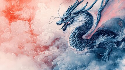 Majestic Japanese Dragon Artwork in High-Quality Oil Painting Style with Ethereal Cloud Background