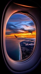 Fototapeta premium A view of the ocean and a city from an airplane window