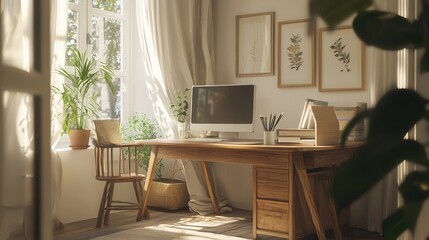 Scandinavian minimalist workspace, wooden desk, white decor, houseplants, natural light, calm vibe 
